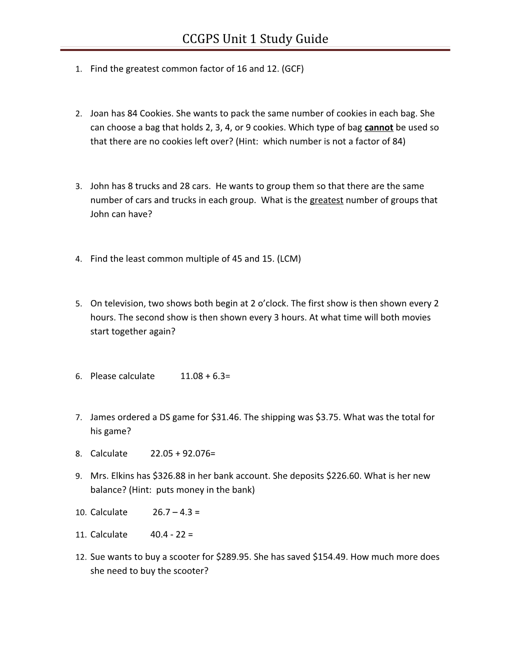 CCGPS Unit 1 Study Guide