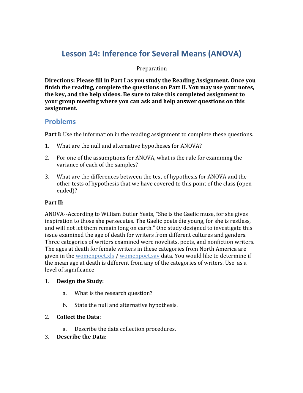 Lesson 14: Inference for Several Means (ANOVA)