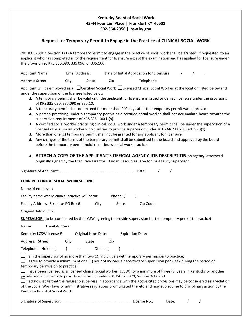 Request for Temporary Permit to Practice Clinical Social Work