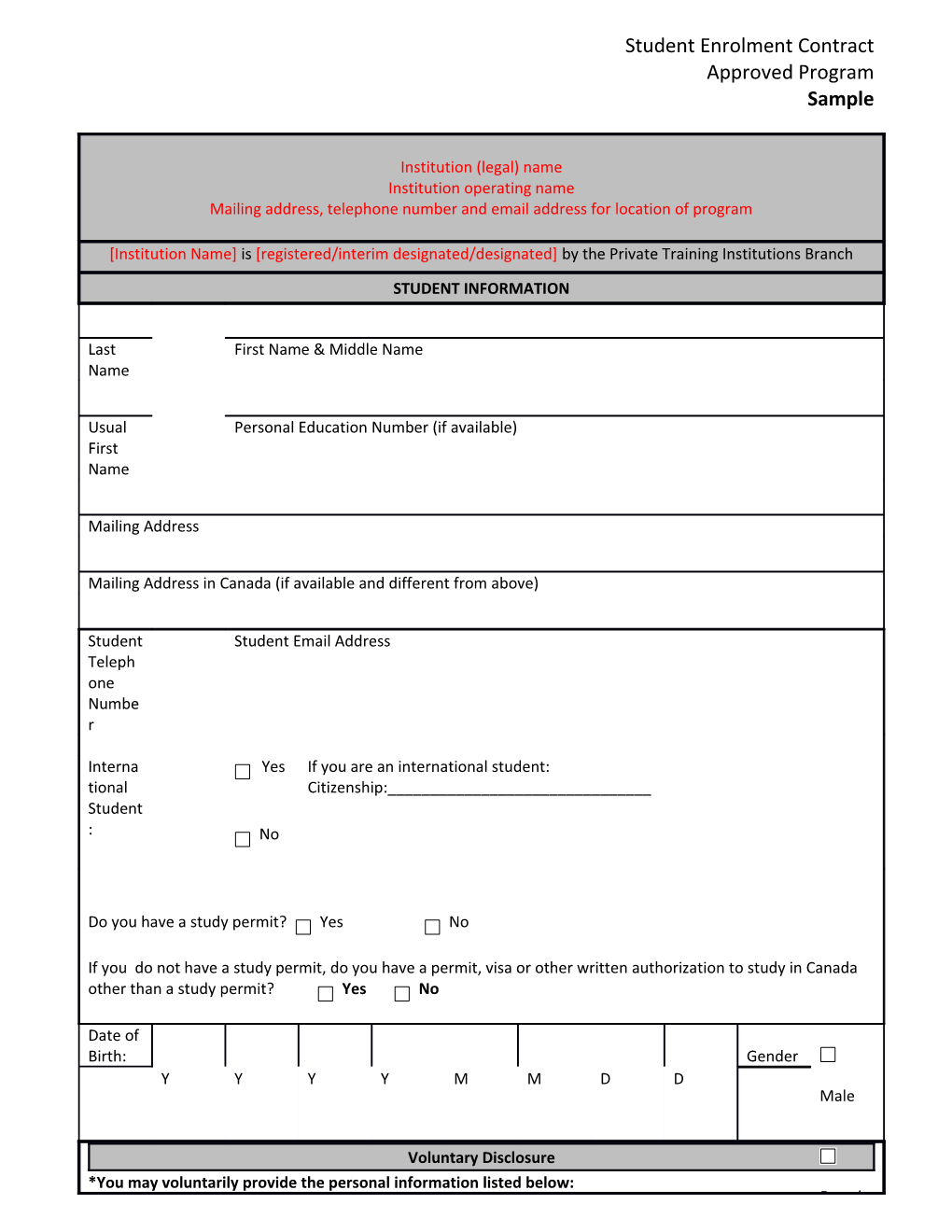 Student Enrolment Contract - Approved Program - Sample
