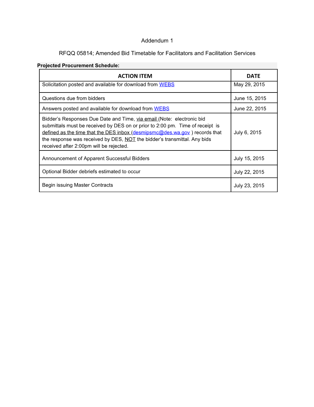 RFQQ 05814; Amended Bid Timetable for Facilitators and Facilitation Services