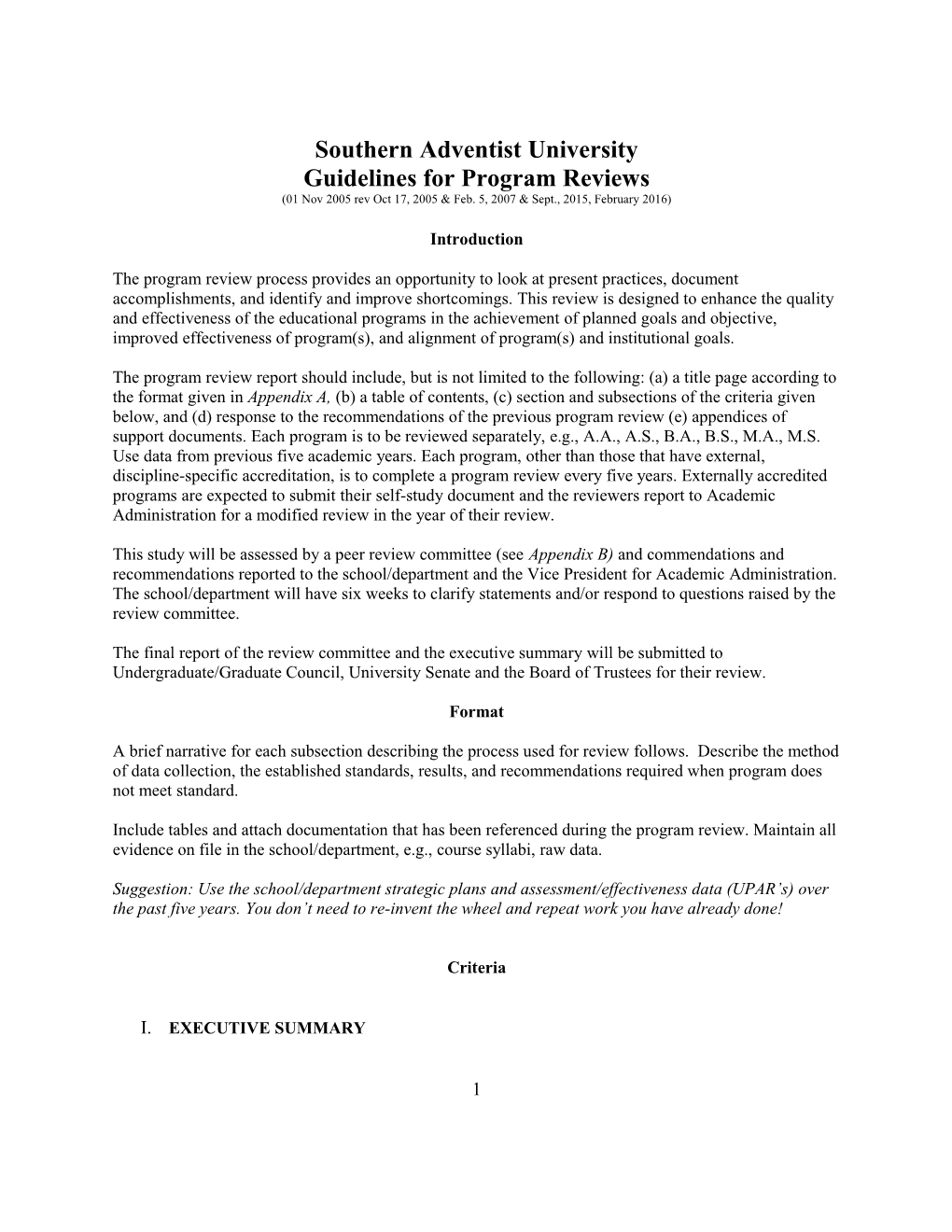 Guidelines for Program Reviews