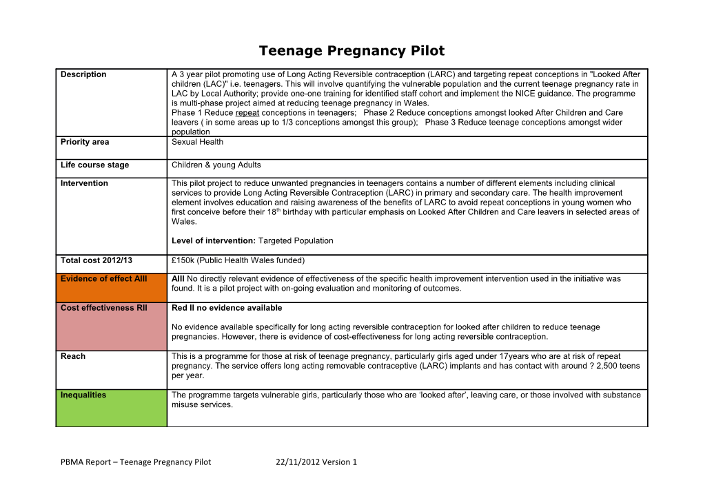 Teenage Pregnancy Pilot