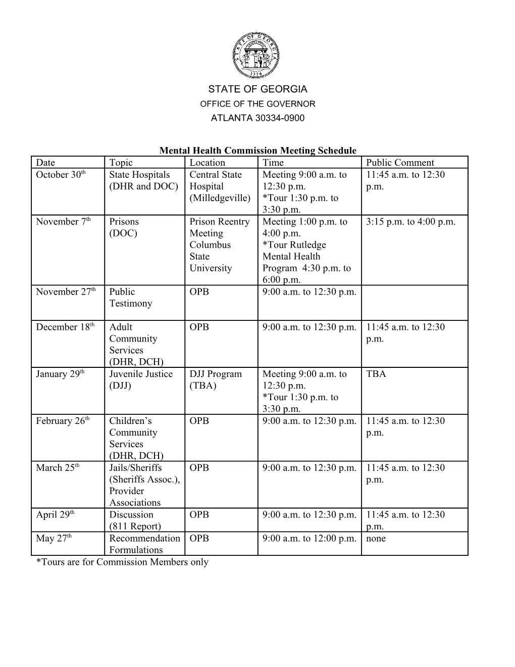 Mental Health Commission Meeting Schedule
