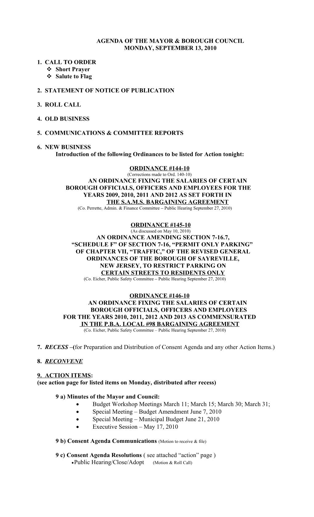 Agenda of the Mayor & Borough Council s1