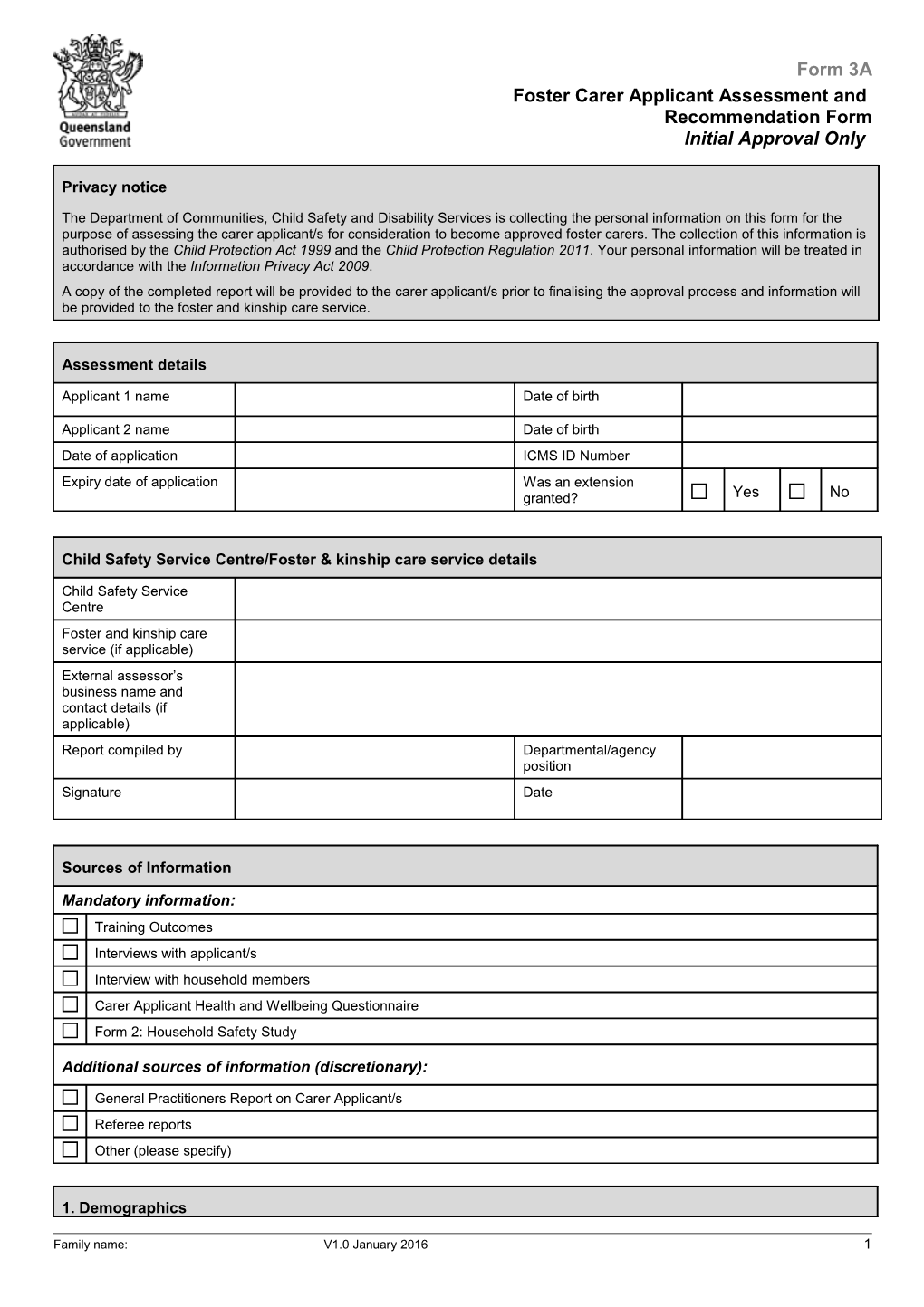 Form 3A - Foster Carer Applicant Assessment and Recommendation - Initial Approval Only