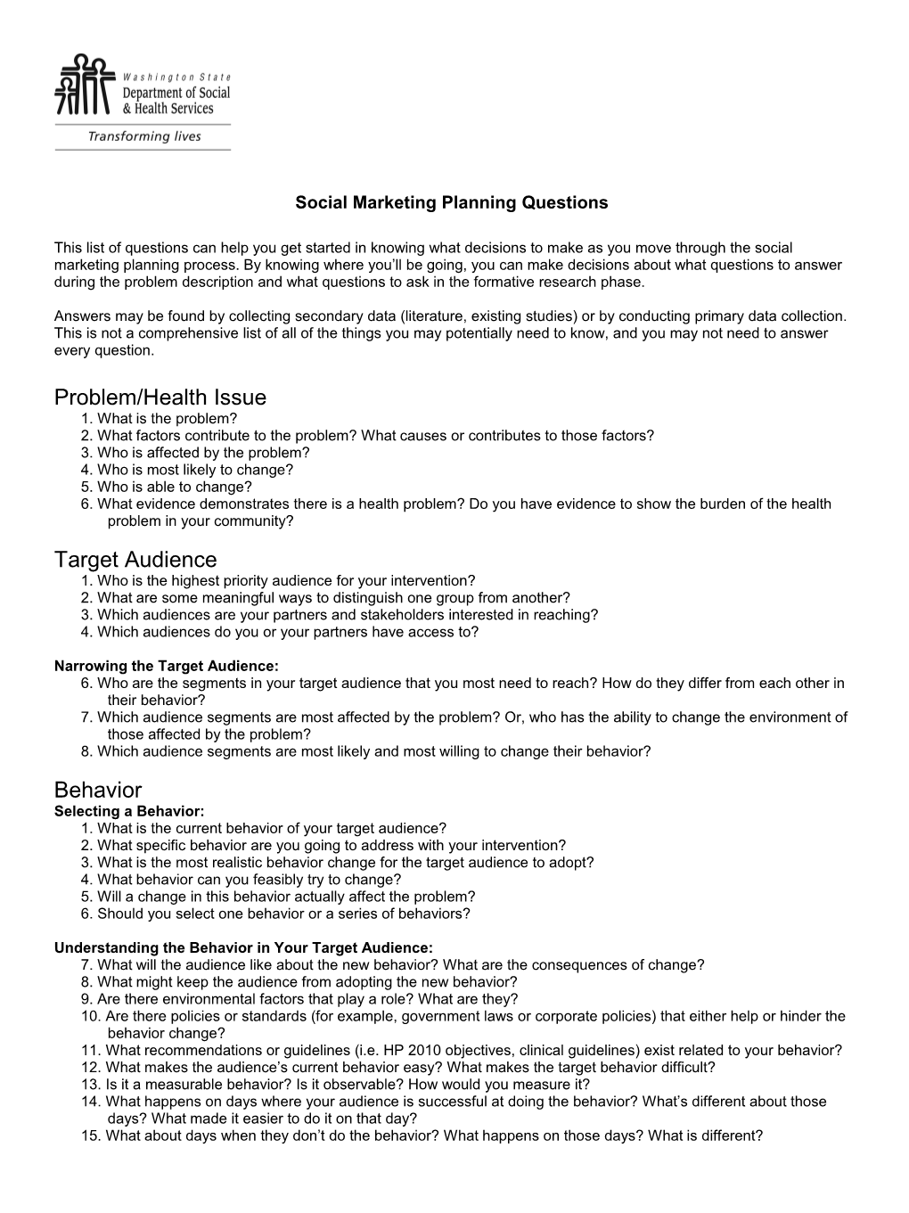 Social Marketing Planning Questions