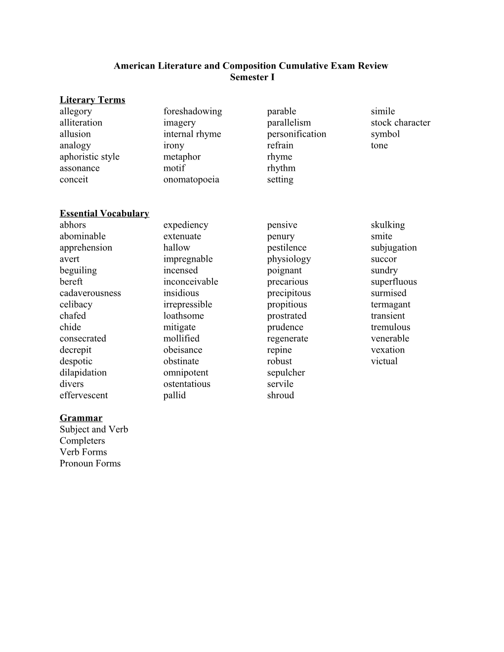 English III Cumulative Exam Review (All Levels)