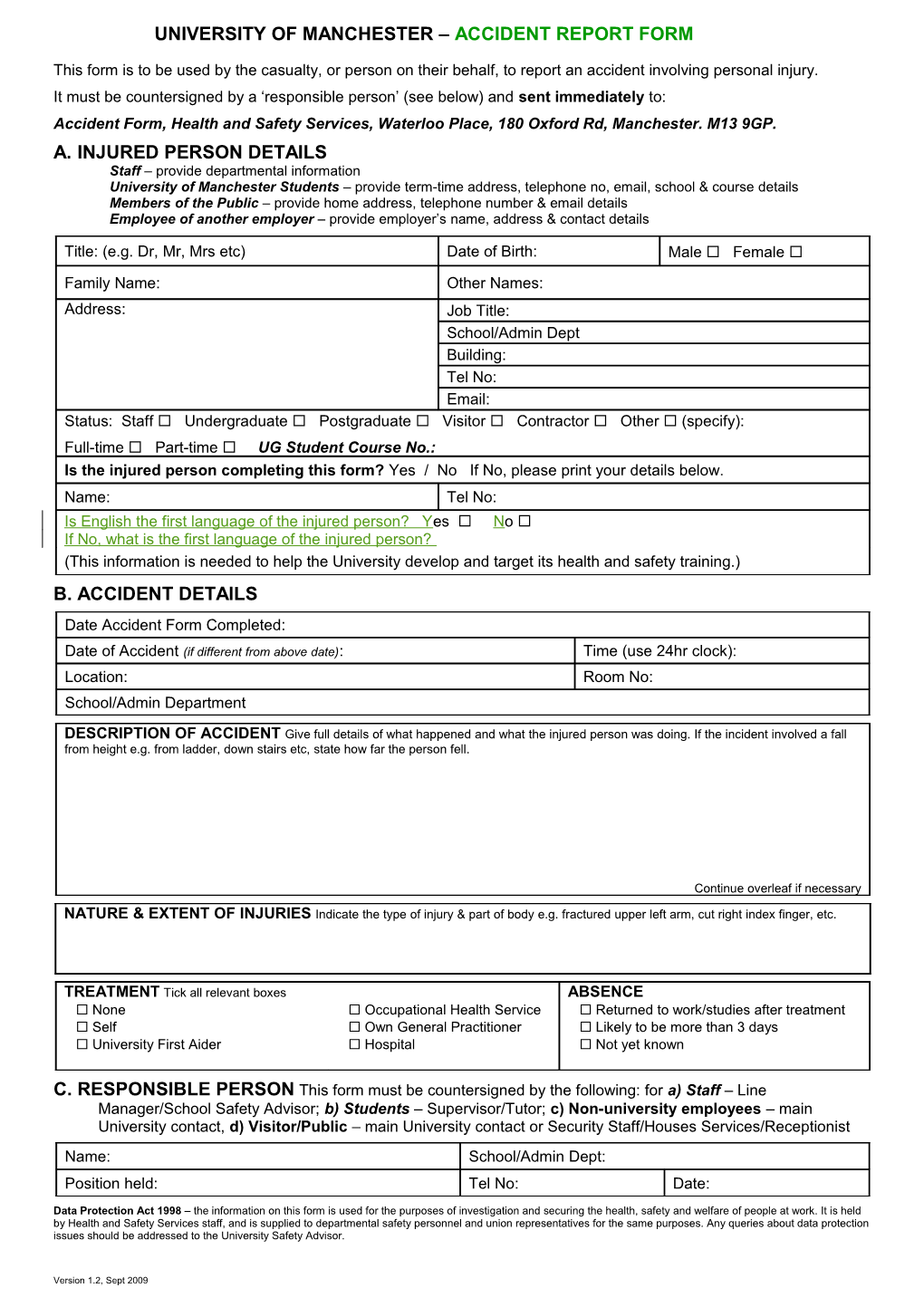 University of Manchester Accident Report Form