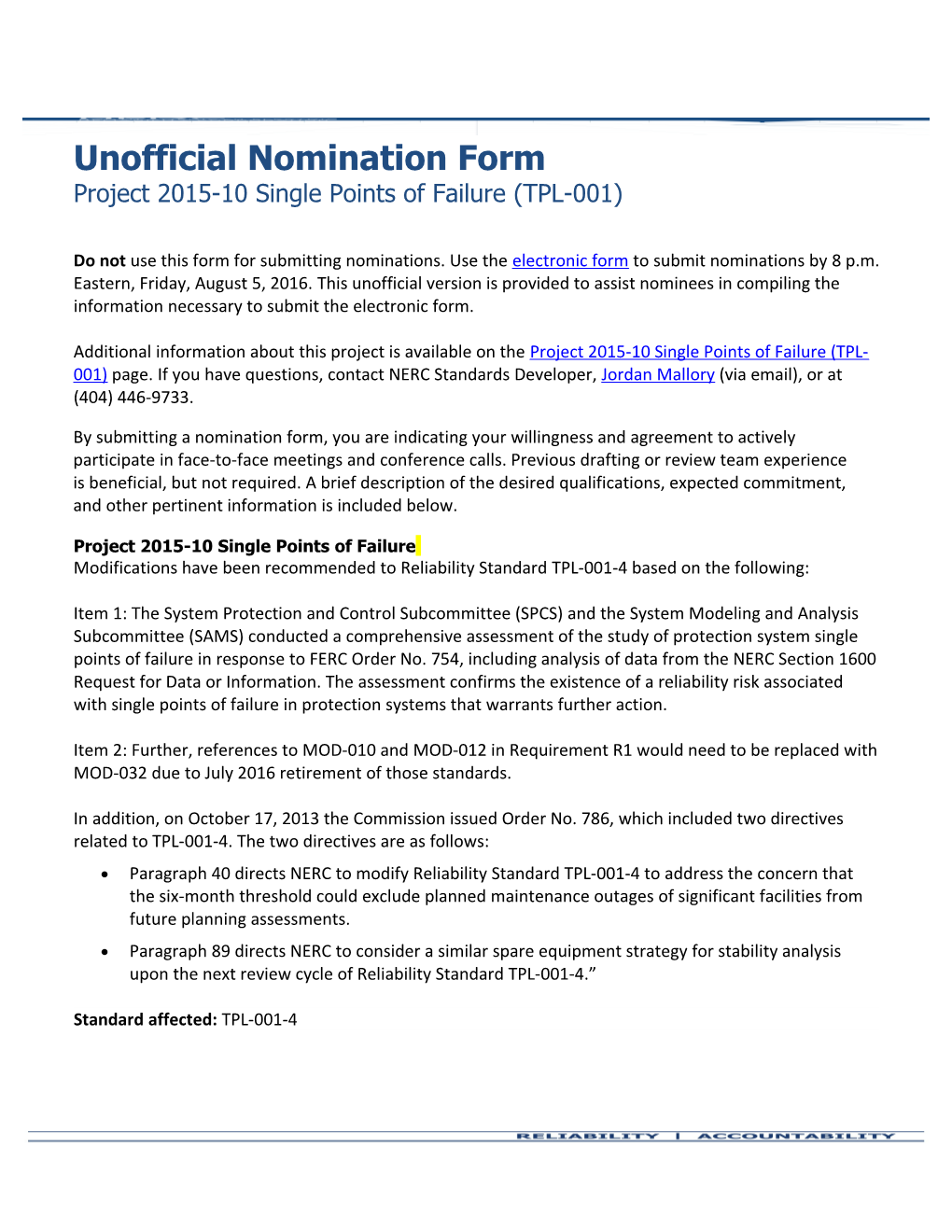 Unofficial Nomination Form Project 2015-10Single Points of Failure (TPL-001)