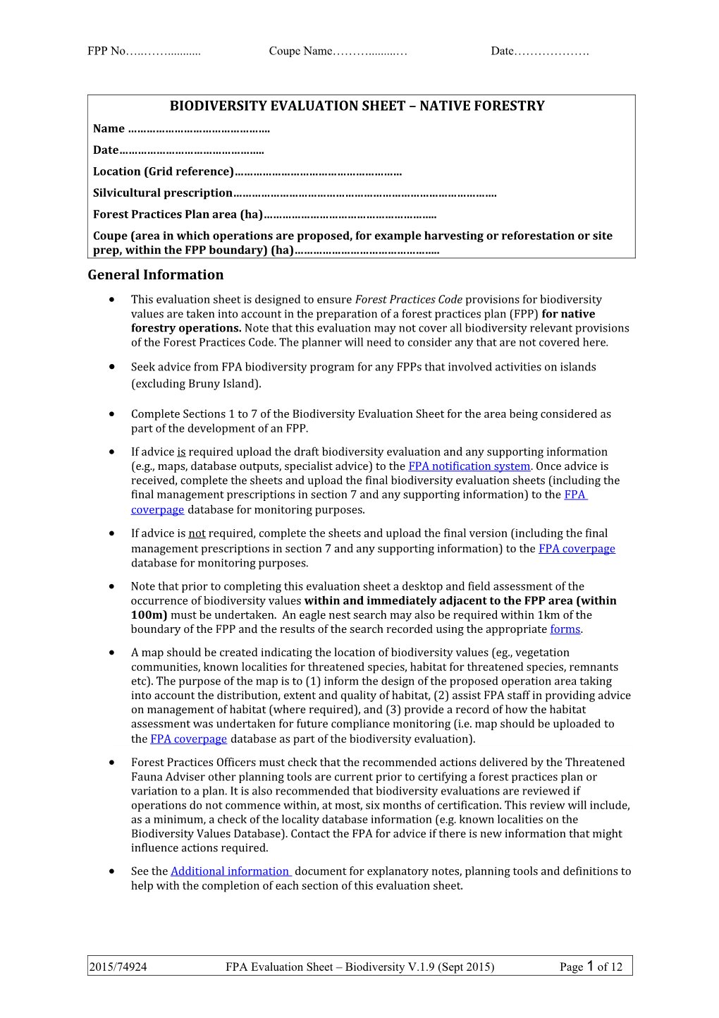 Biodiversity Evaluation Sheet Native Forestry