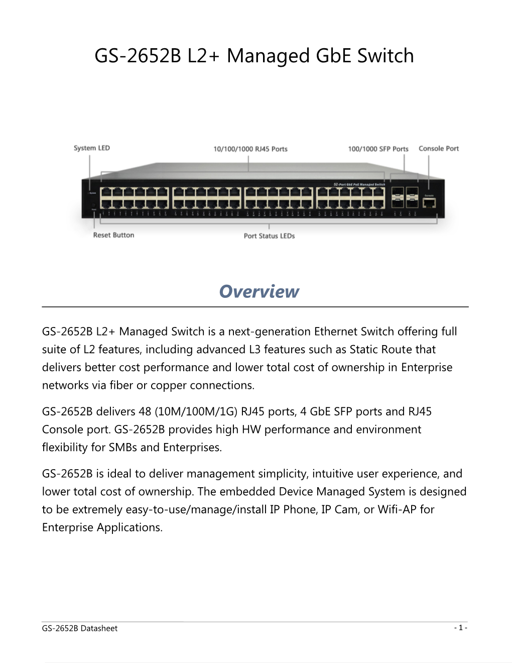 GS-2652B L2+ Managed Gbe Switch