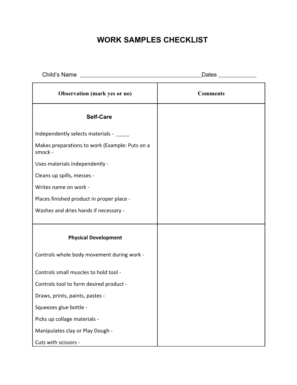 Work Samples Checklist