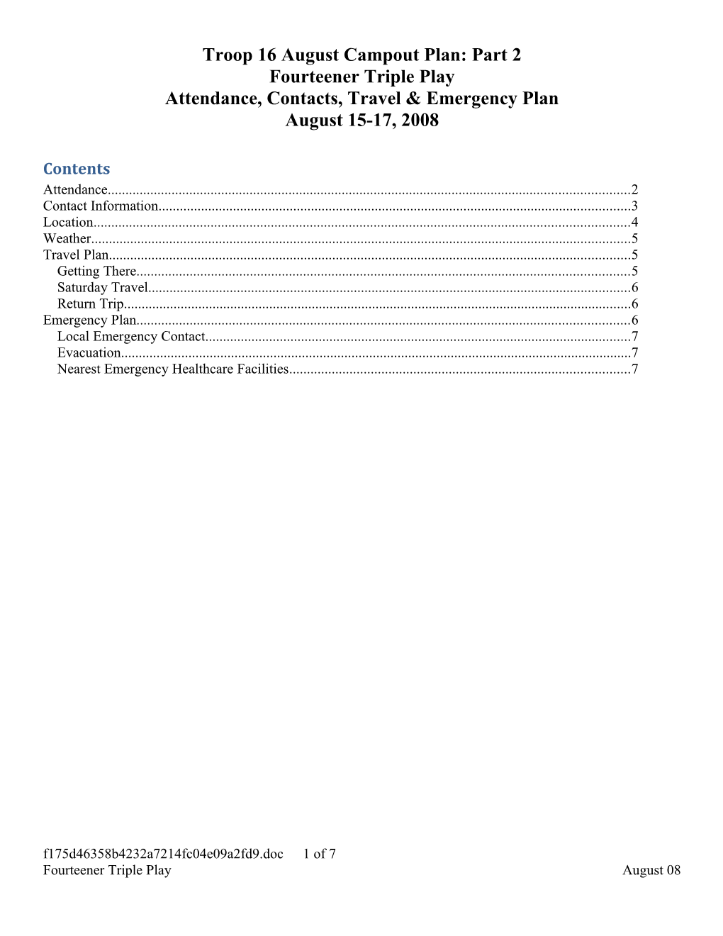 Troop 16 August Campout Plan: Part 2