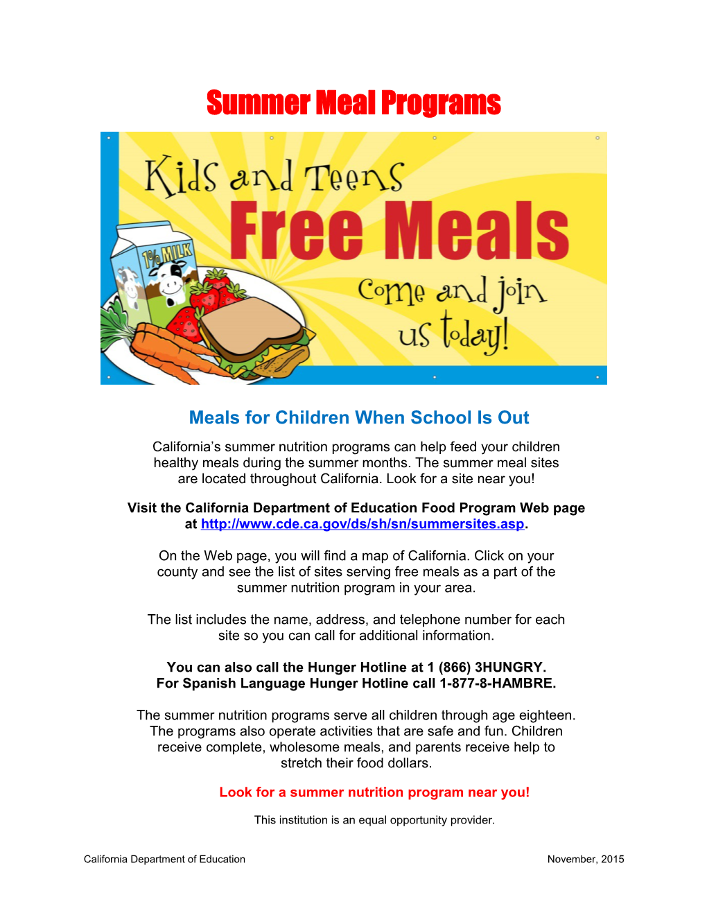 SFSP Parent Flyer - Summer Meal Programs (CA Dept of Education)