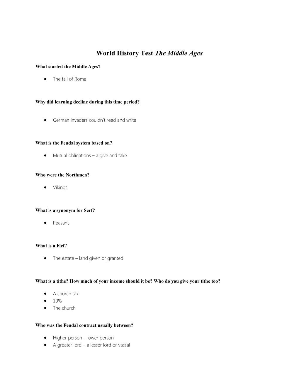 World History Test the Middle Ages