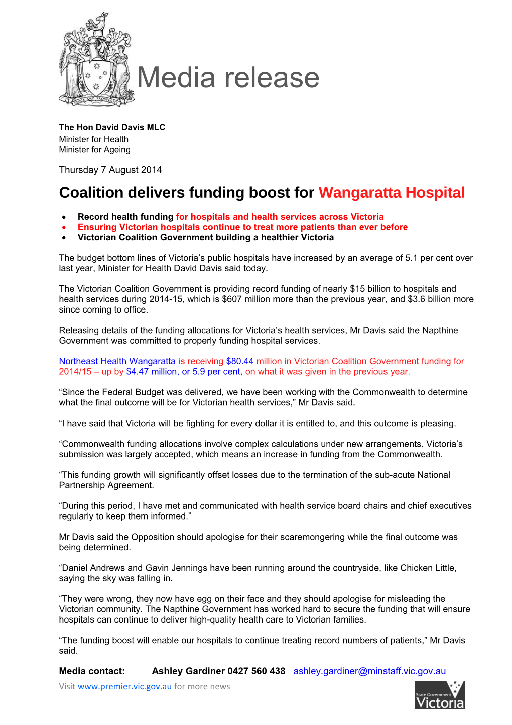 Coalition Delivers Funding Boost for Wangaratta Hospital