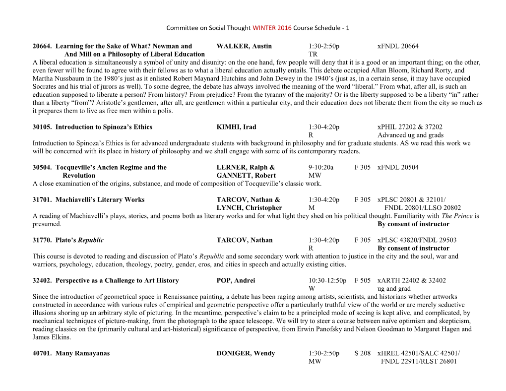 Committee on Social Thought WINTER 2016 Course Schedule