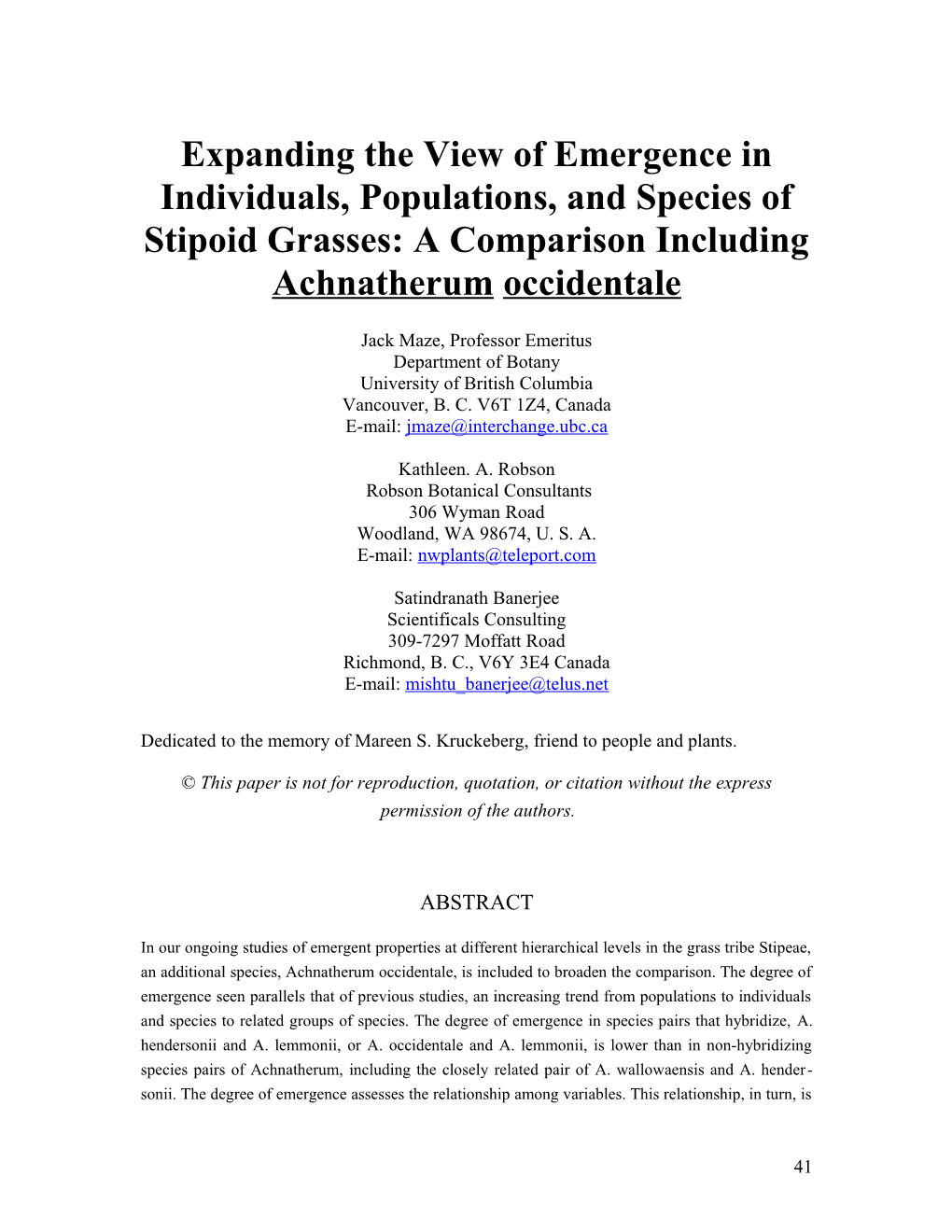 Expanding the View of Emergence in Individuals, Populations, and Species of Stipoid Grasses