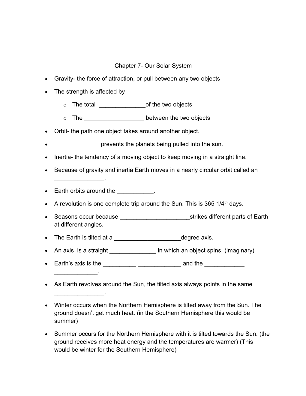 Chapter 7- Our Solar System