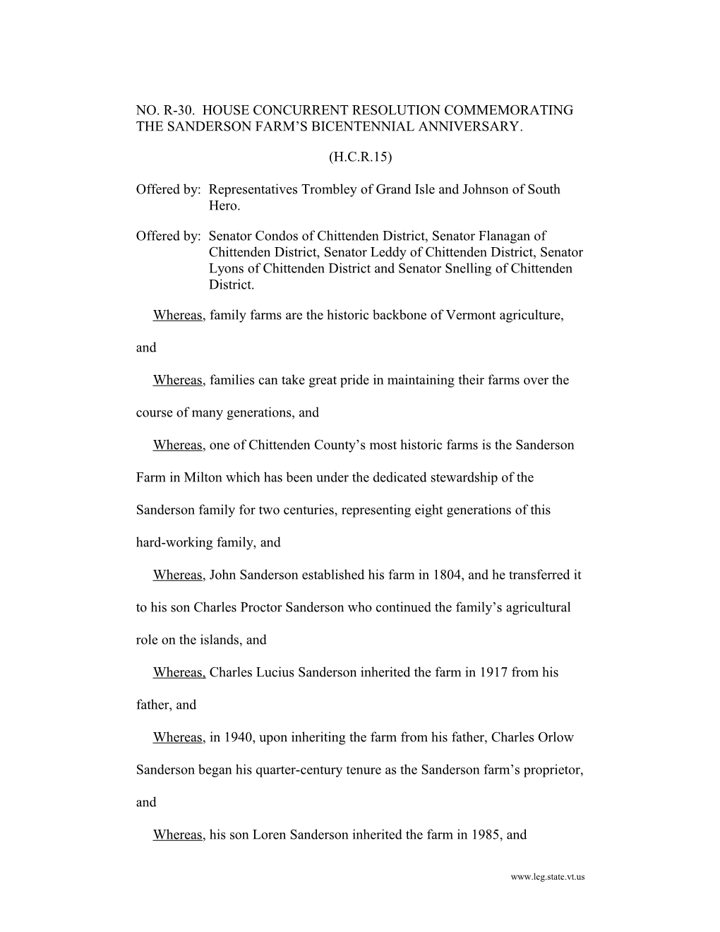 NO. R-30. House Concurrent Resolution Commemorating the Sanderson Farm S Bicentennial
