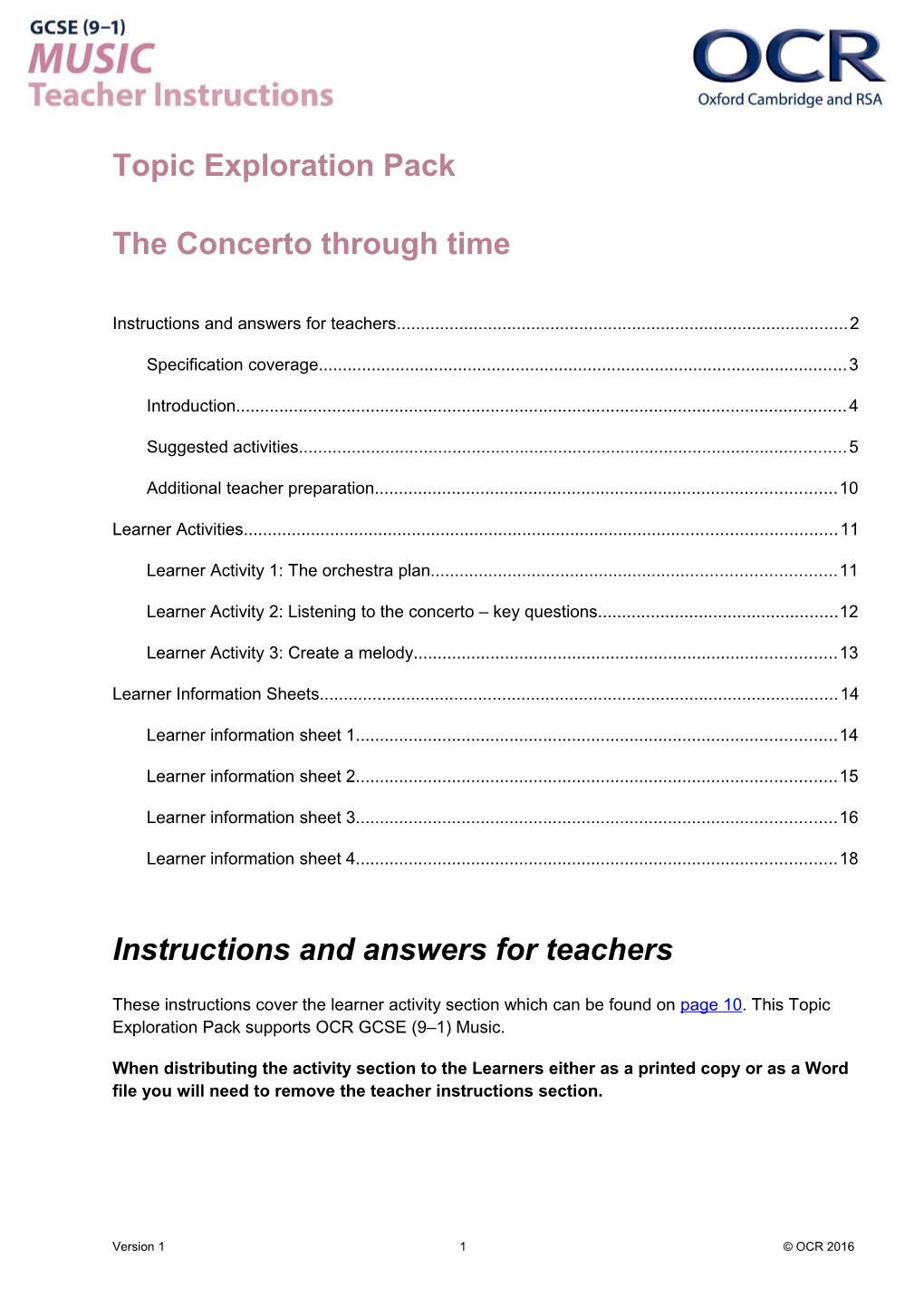 OCR GCSE (9-1) Music Topic Exploration Pack - the Concerto Through Time