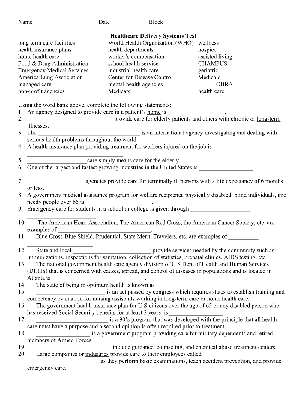 Healthcare Delivery Systems Test