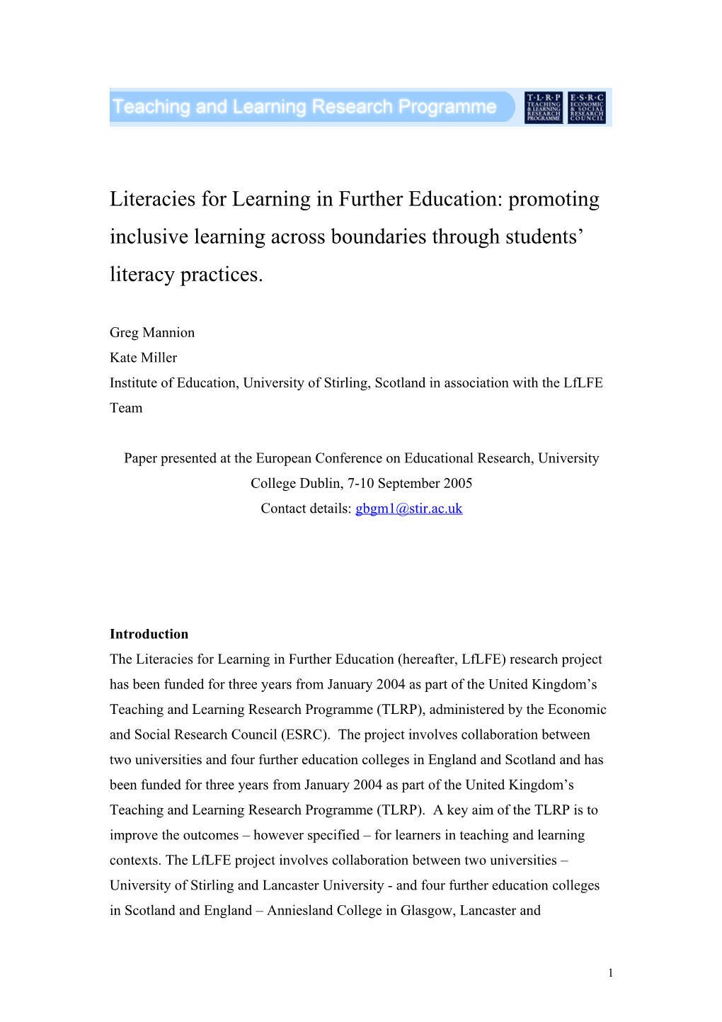 Institute of Education, University of Stirling, Scotland in Association with the Lflfe Team