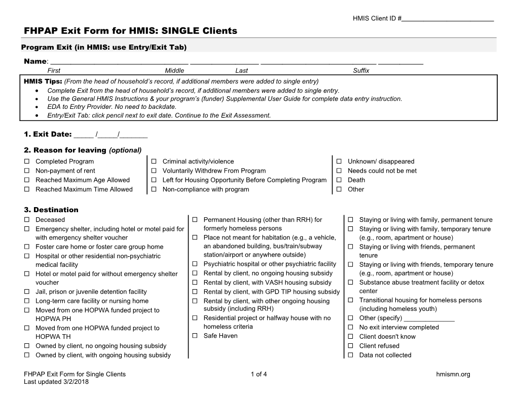 FHPAP Exit Form for HMIS: SINGLE Clients