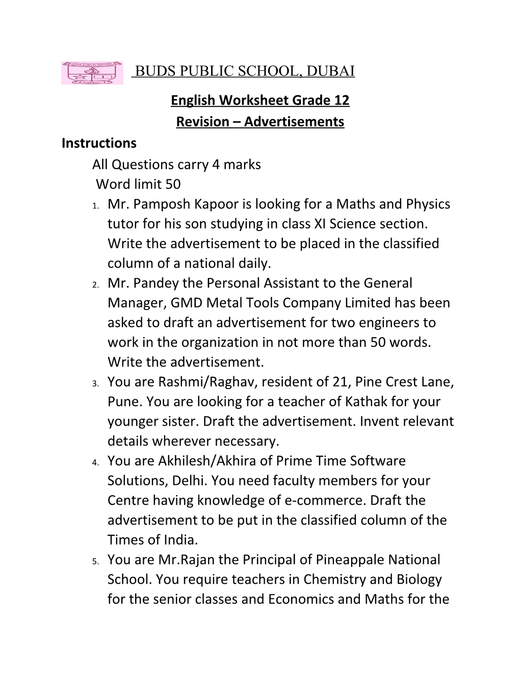 English Worksheet Grade 12