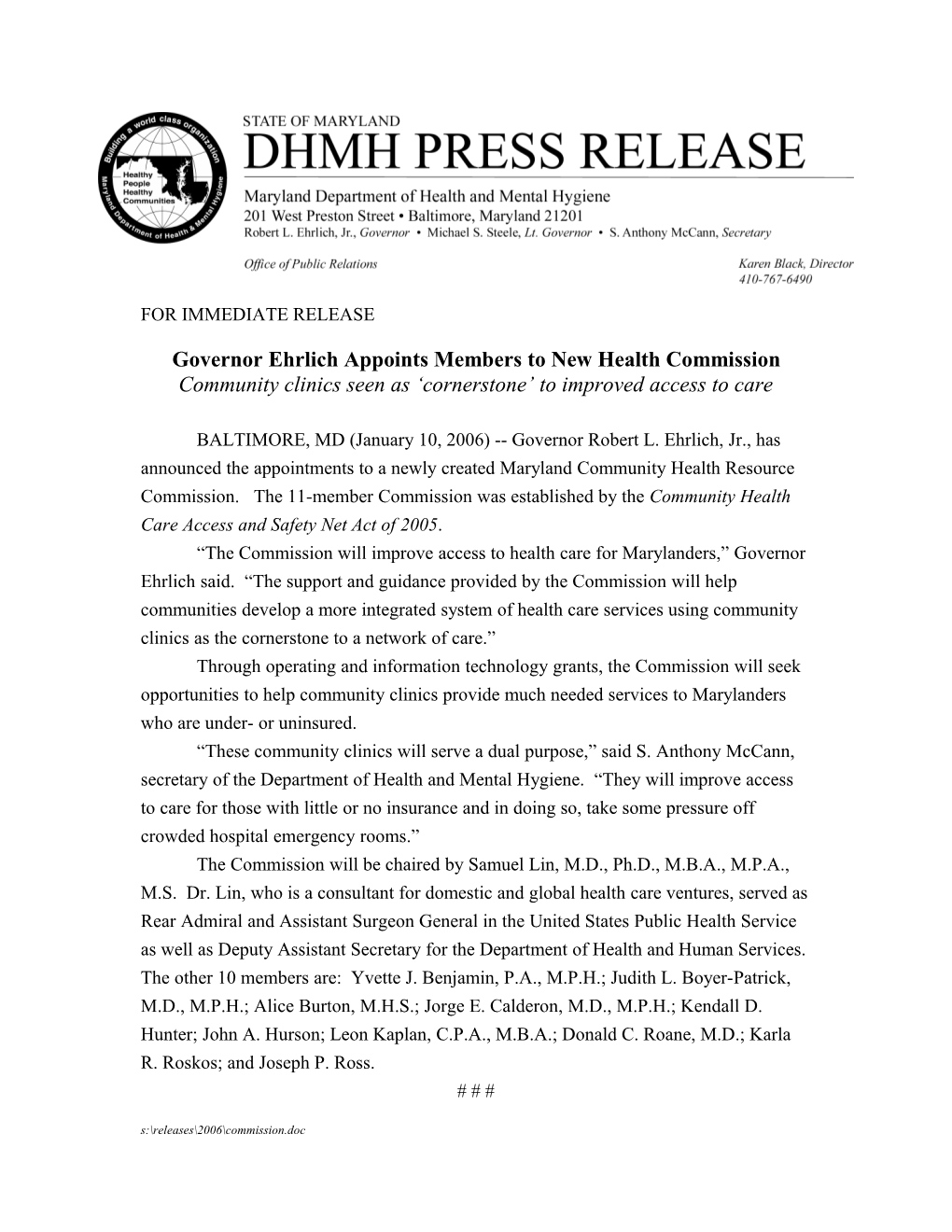 Governor Ehrlich Appoints Members to New Health Commission