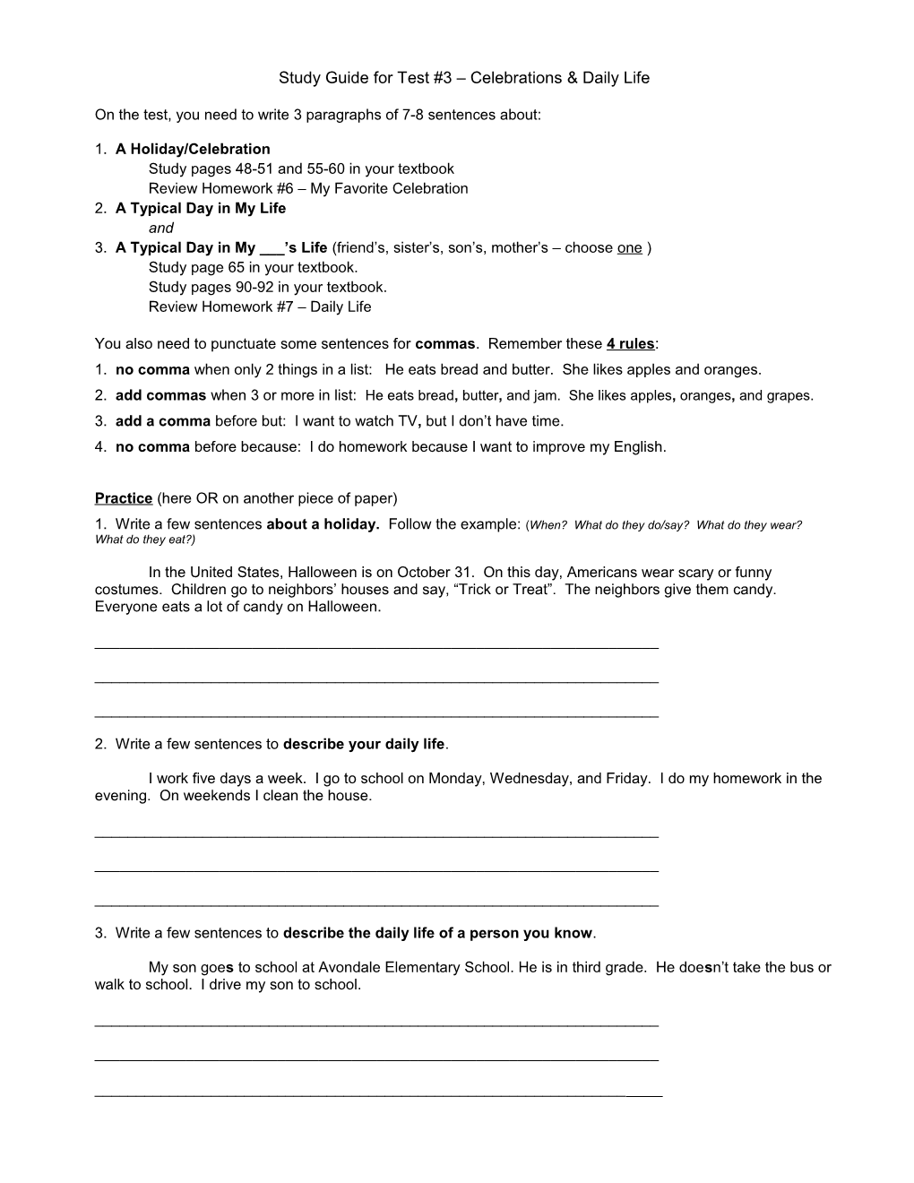 Study Guide for Test #3 Celebrations & Daily Life