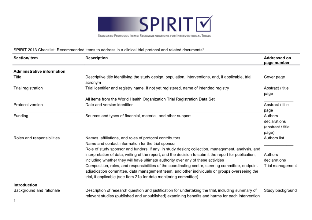Table 1 SPIRIT 2013 Checklist: Recommended Items to Address in a Clinical Trial Protocol s3