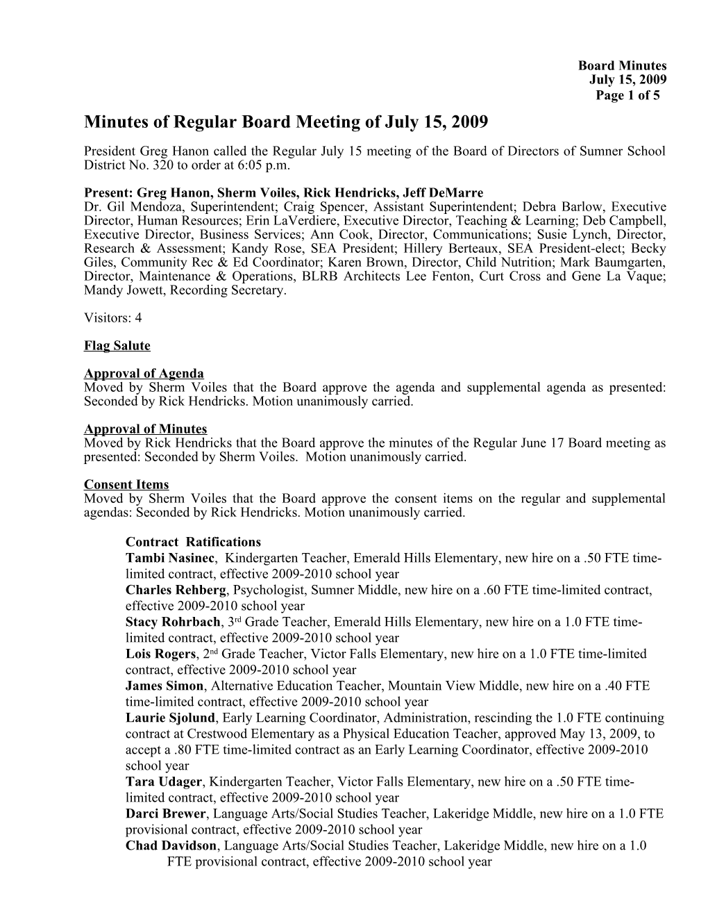 Minutes of Regular Board Meeting of July 15, 2009