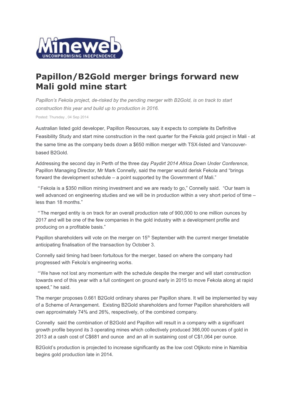 Papillon/B2gold Merger Brings Forward New Mali Gold Mine Start