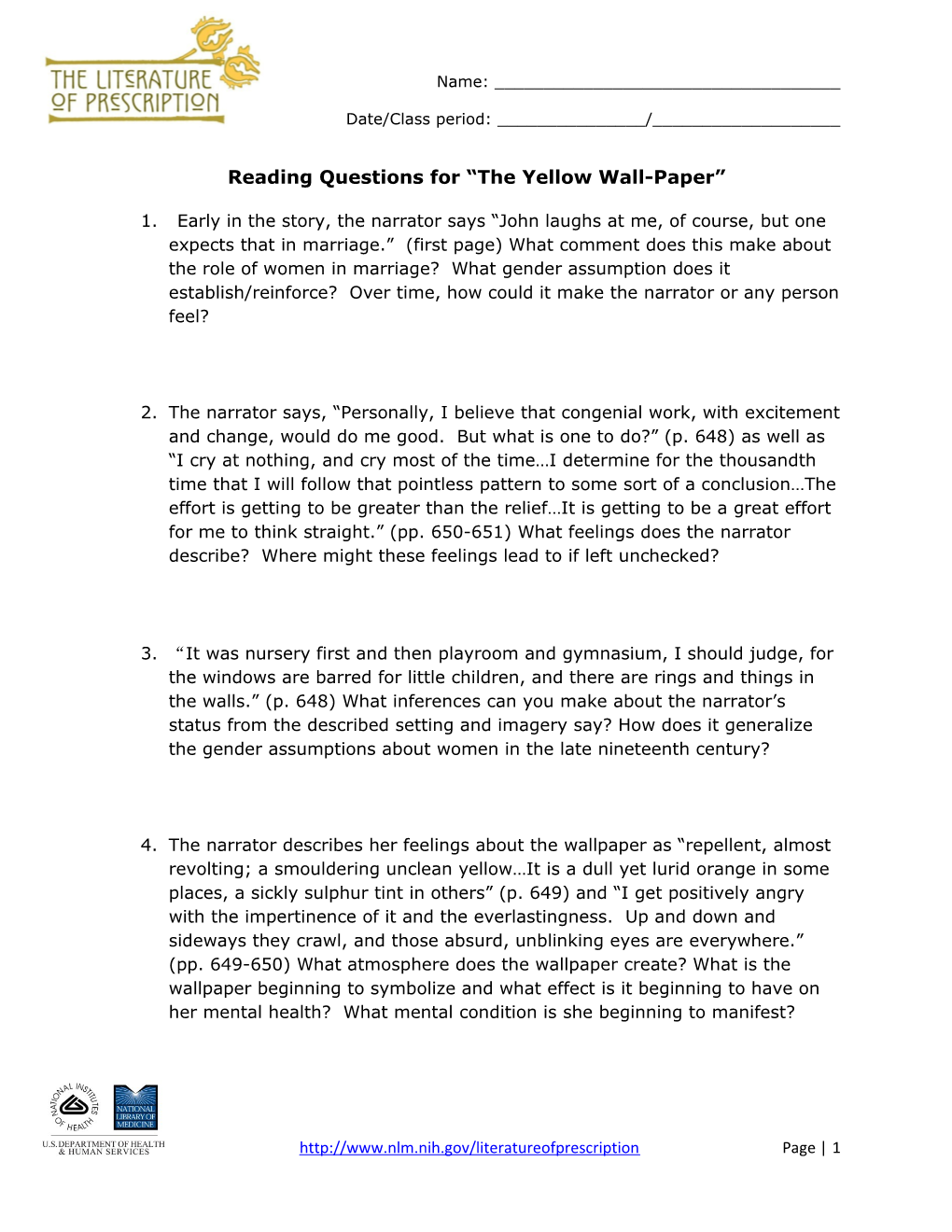 Reading Questions For "The Yellow Wall-Paper"