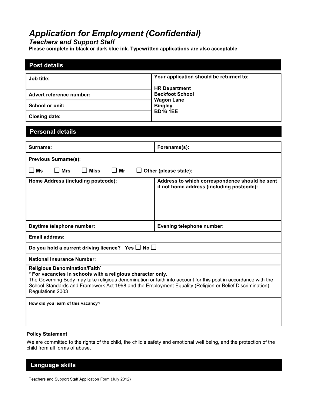 Application for Employment (Confidential) s1