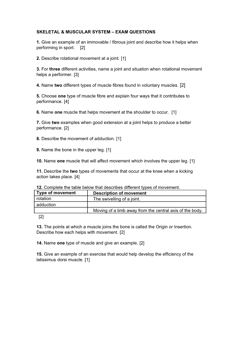 Skeletal & Muscular System Exam Questions