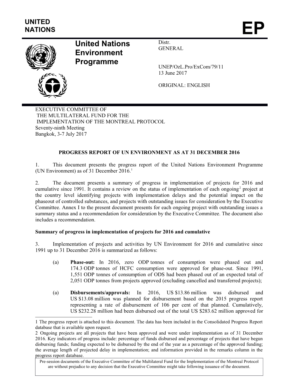Progress Report of UN Environment As at 31 December 2016 (Part I)