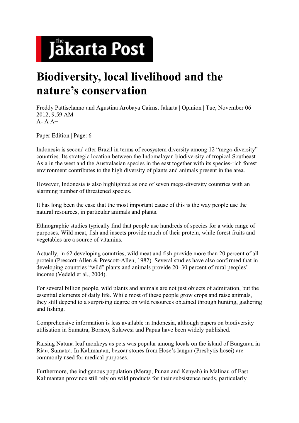 Biodiversity, Local Livelihood and the Nature S Conservation