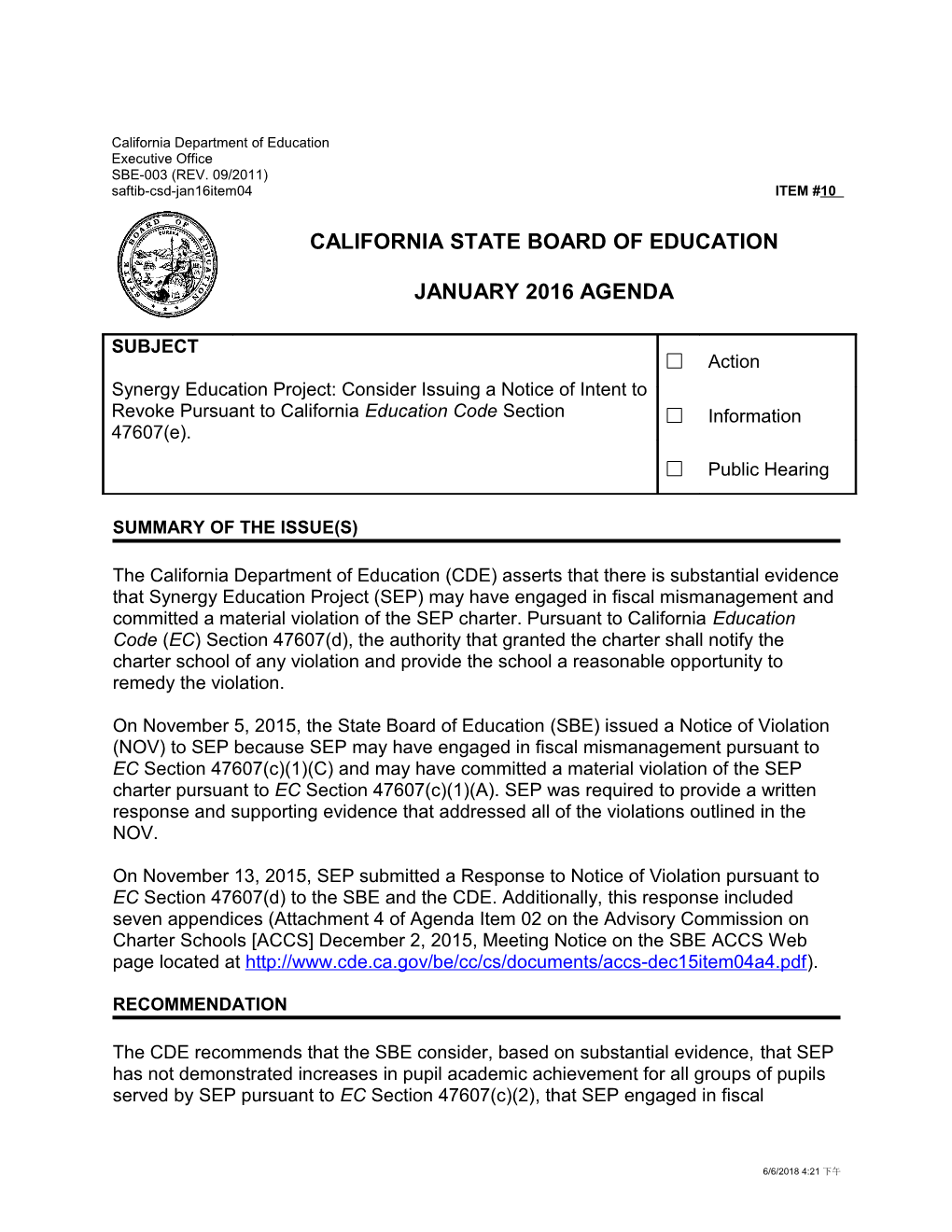 January 2016 Agenda Item 10 - Meeting Agendas (CA State Board of Education)