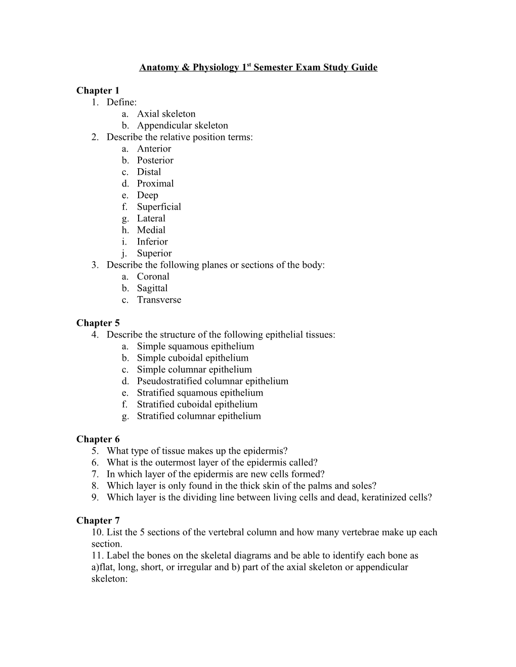 Anatomy & Physiology 1St Semester Exam Study Guide