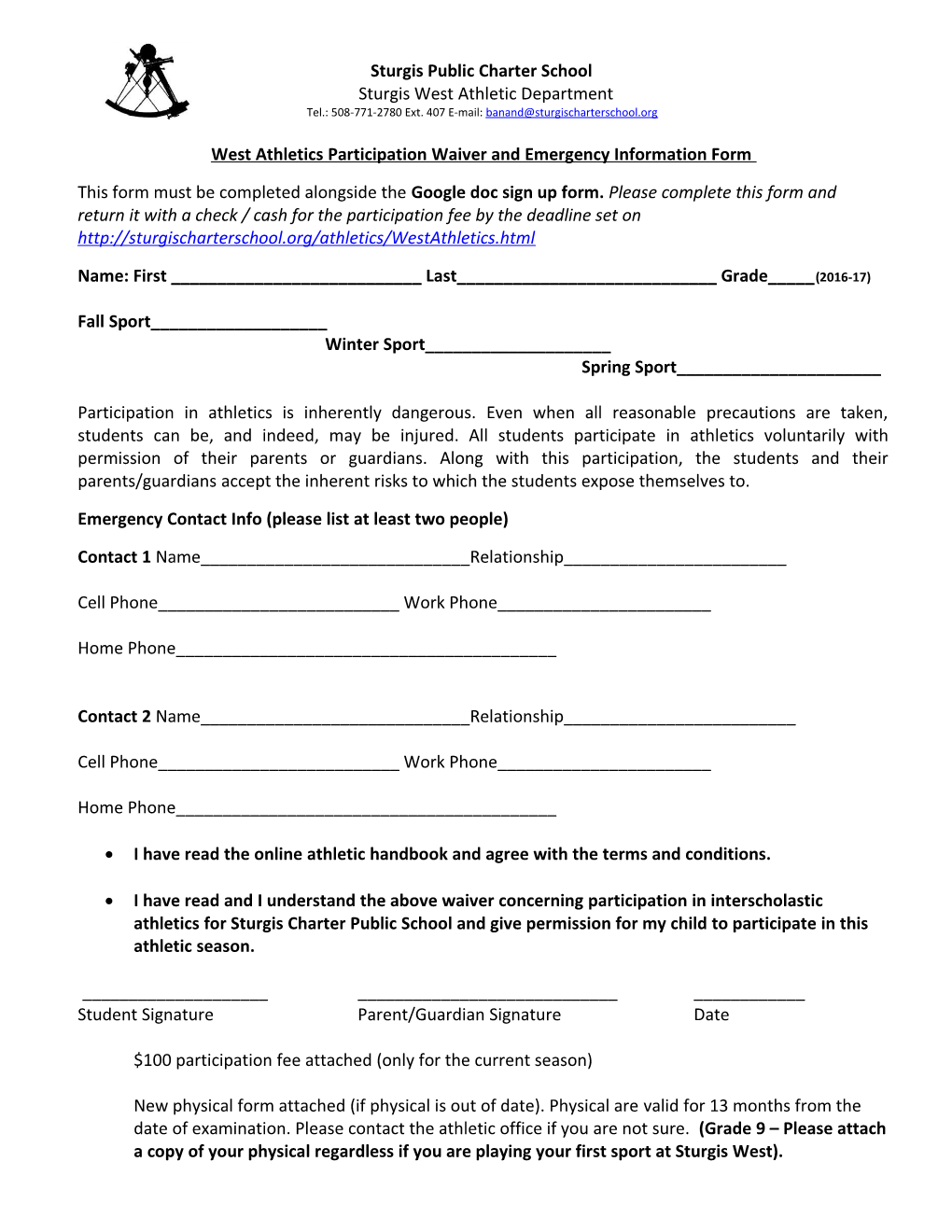 West Athletics Participation Waiver and Emergency Information Form
