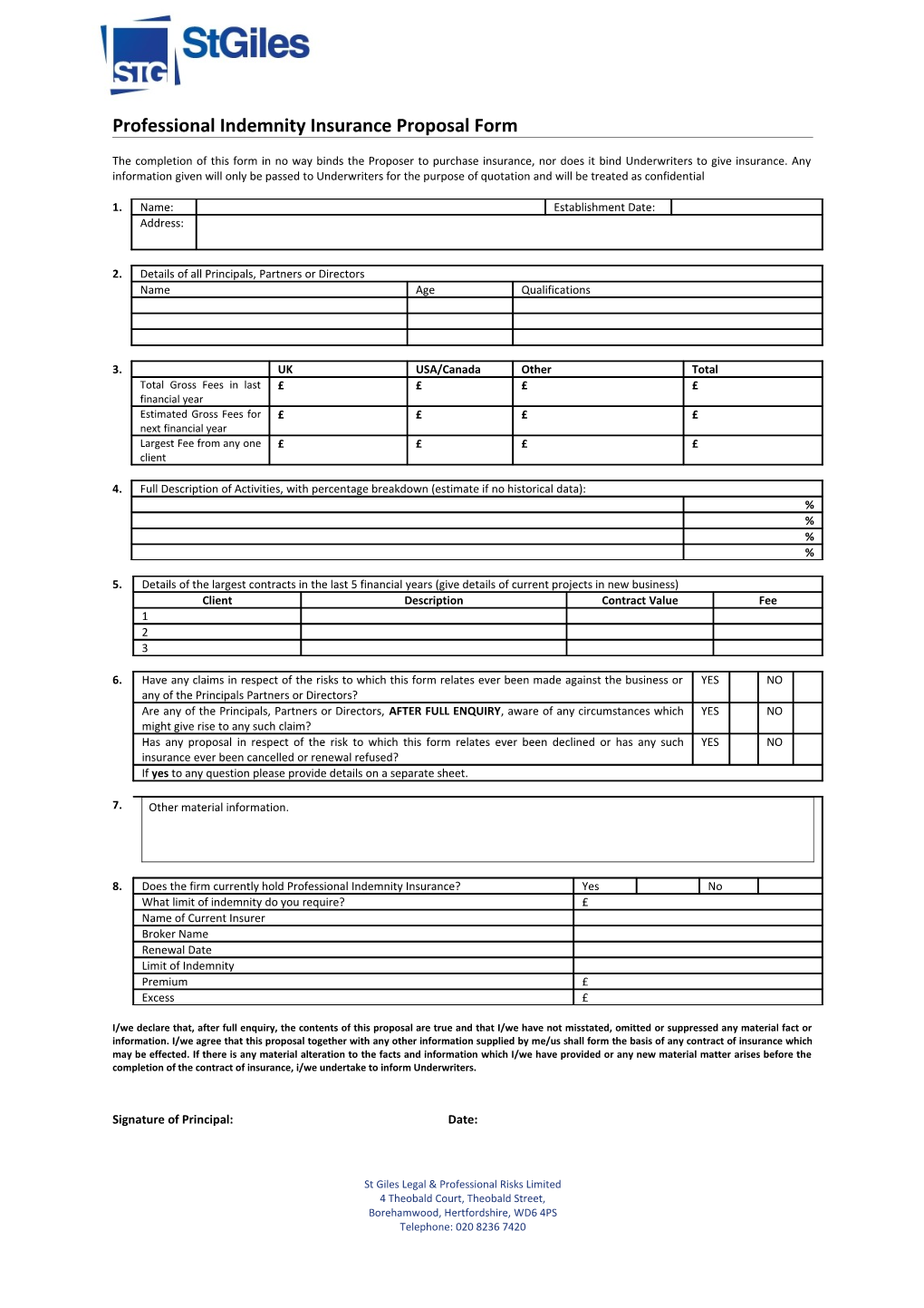 Professional Indemnity Insurance Proposal Form