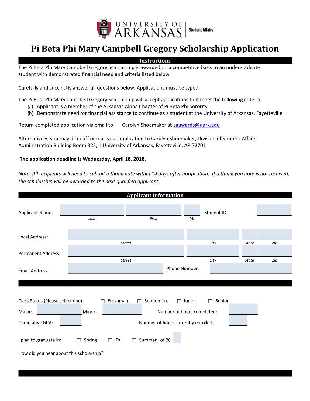 Pi Beta Phi Mary Campbell Gregory Scholarship Application