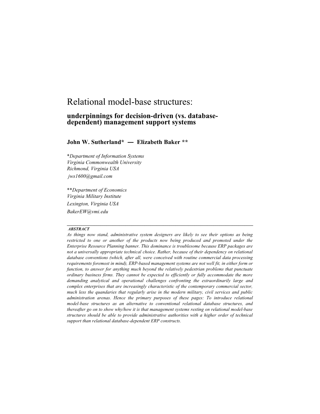 Relational Model-Base Structures: Expediting the Automation of Management