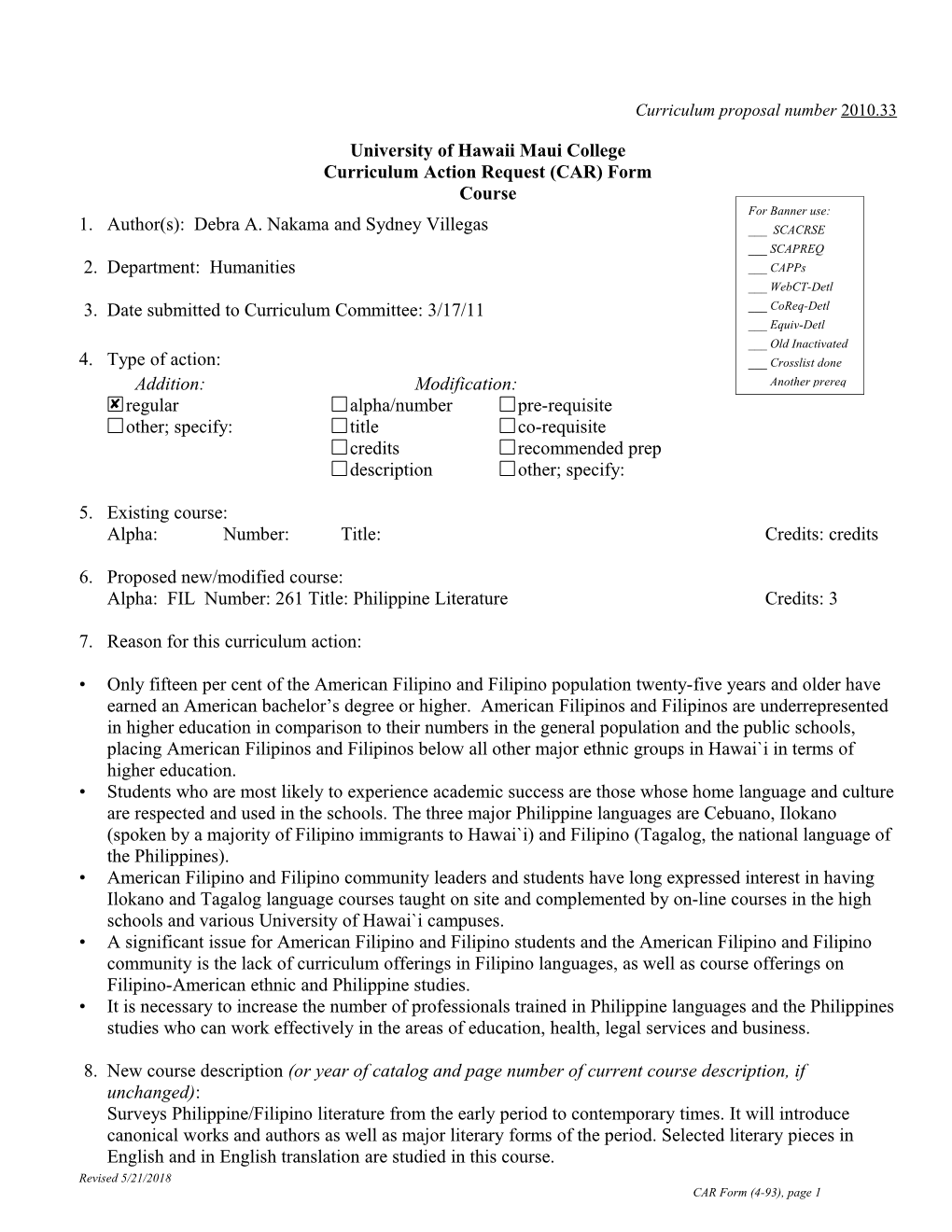 Curriculum Proposal Number 2010