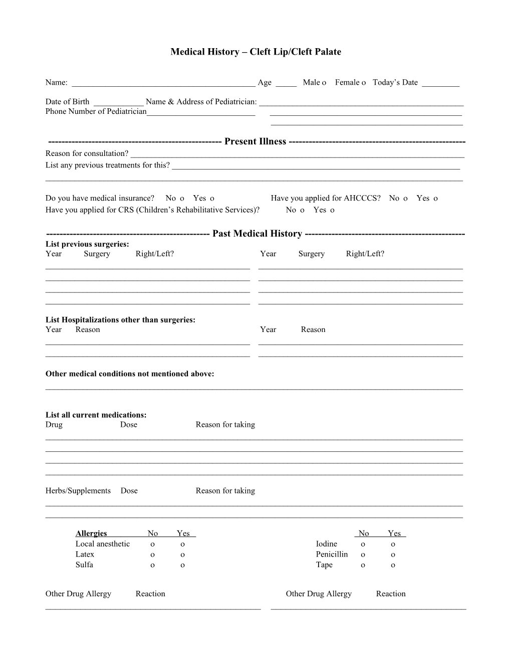 Medical History Cleft Lip/Cleft Palate