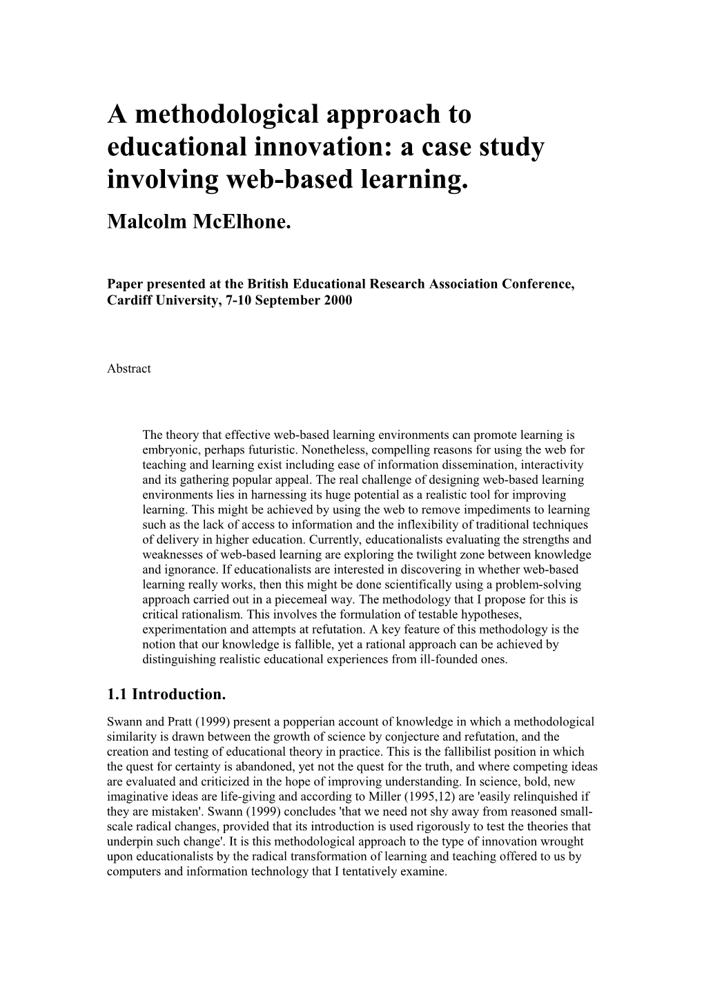 A Methodological Approach to Educational Innovation: a Case Study Involving Web-Based Learning