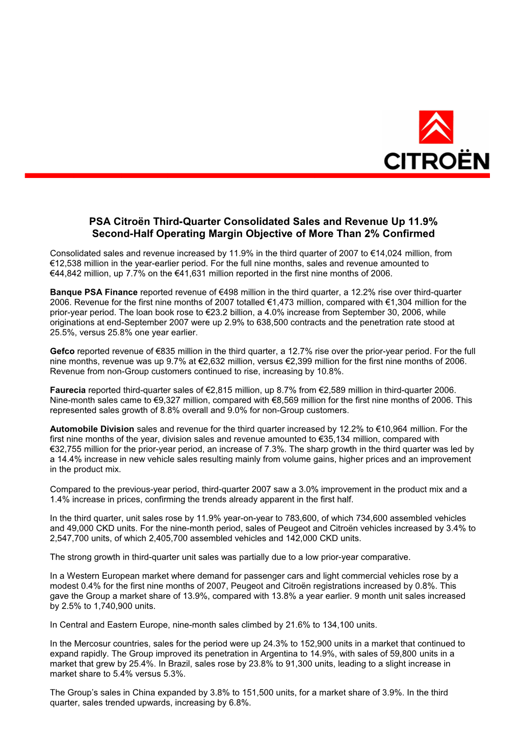 PSA Citroën Third-Quarter Consolidated Sales and Revenue up 11.9% Second-Half Operating